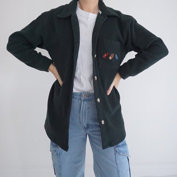 Sweaters - Vintage '90S Cherokee Hunter Green Embroidered Feathers Button Up Shacket S